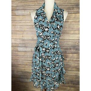 Tulle Small Floral Wrap Dress Ruffled Hem Sleeveless Blue Black White Tie Belt